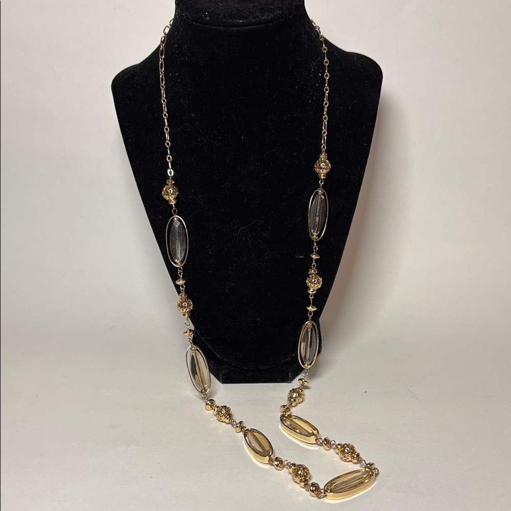 Charming Charlie Long Gold Tone Glass Beaded Necklace 33” with ext